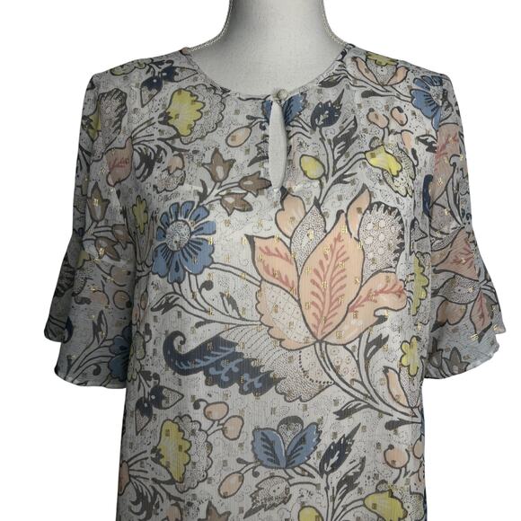 Loft Size Small Floral Drop Waist Dress Short Flutter Sleeves Slip Ruffle Hem - Picture 3 of 5